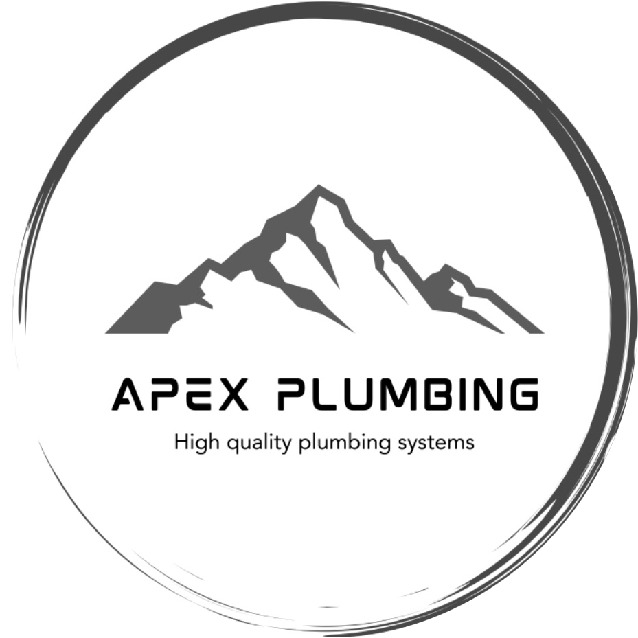 A black and white logo shows a mountain silhouette above the text APEX PLUMBING and the tagline High quality plumbing systems inside a circular border.